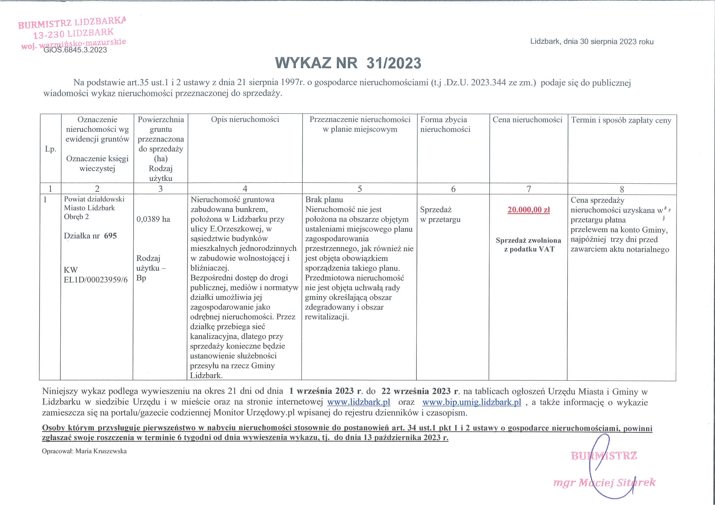 Wykaz Nr 31/2023 - Nieruchomość gruntowa zabudowana do sprzedaży - ul. E. Orzeszkowej dz. nr 695 obr. 2